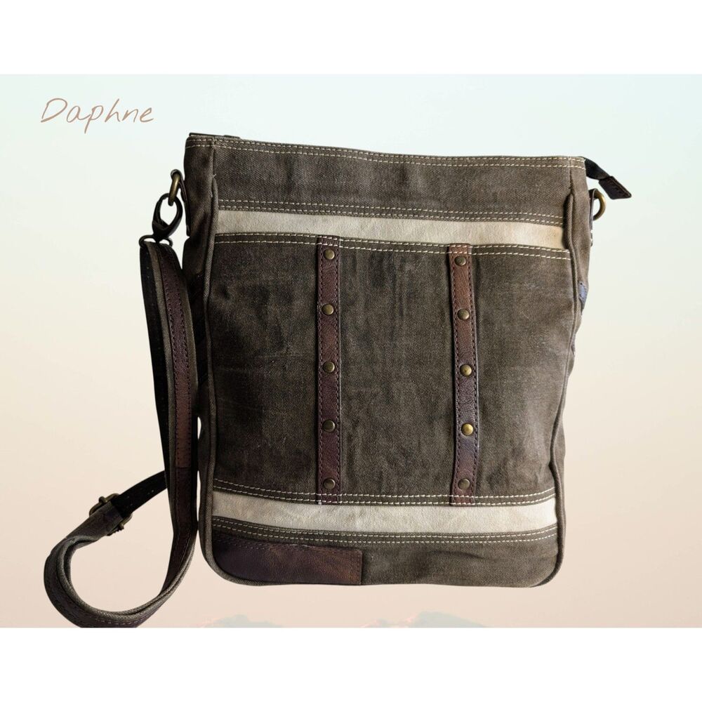 Daphne Canvas Crossbody Bag Brown Leather Trim Adjustable Strap